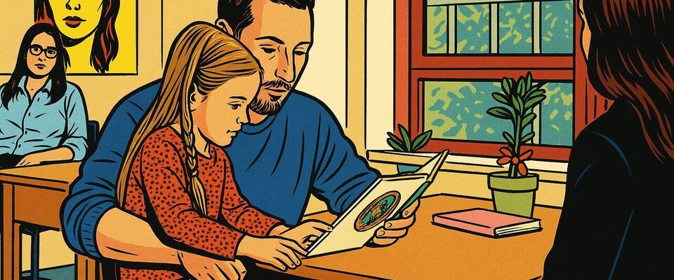 Ein Vater liest seiner Tochter ein Buch vor und sitzt in einem Besuchsraum mit einer Beamtin die den Besuch überwacht
